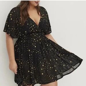 Torrid Black Gold Star Swim Cover-Up Dress | Surplice Dolman Sleeve Mesh Smocked